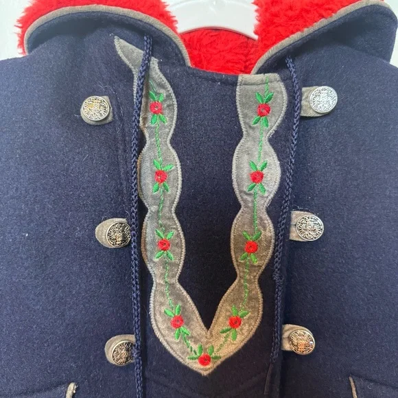 Vintage Rothschild Embroidered Navy Blue & Red Wool Fleece Lined Pea coat Size 4 - Picture 3 of 10